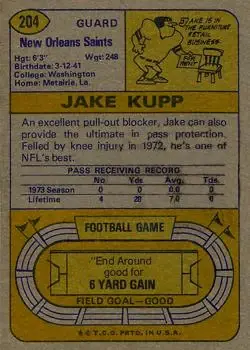 1974 Topps #204 - Jake Kupp - New Orleans Saints - Back