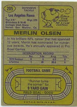 1974 Topps #205 - Merlin Olsen - Los Angeles Rams - Back