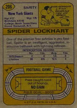 1974 Topps #206 - Spider Lockhart - New York Giants - Back 1974 Topps #206 - Spider Lockhart - New York Giants - Back