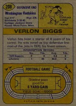 1974 Topps #208 - Verlon Biggs - Washington Redskins - Back