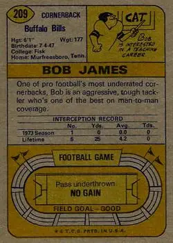 1974 Topps #209 - Bob James - Buffalo Bills - Back 1974 Topps #209 - Bob James - Buffalo Bills - Back