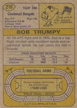 1974 Topps #210 - Bob Trumpy - Cincinnati Bengals - Back