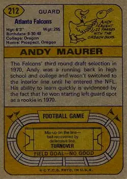 1974 Topps #212 - Andy Maurer - Atlanta Falcons - Back