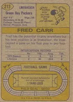 1974 Topps #213 - Fred Carr - Green Bay Packers - Back