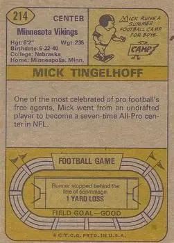 1974 Topps #214 - Mick Tingelhoff - Minnesota Vikings - Back