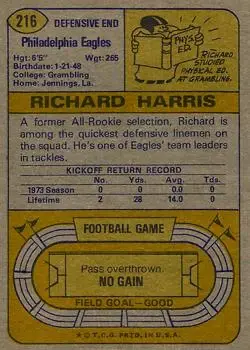 1974 Topps #216 - Richard Harris - Philadelphia Eagles - Back