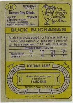 1974 Topps #218 - Buck Buchanan - Kansas City Chiefs - Back