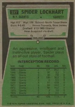 1975 Topps #227 - Spider Lockhart - New York Giants - Back 1975 Topps #227 - Spider Lockhart - New York Giants - Back