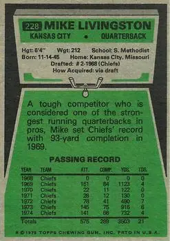 1975 Topps #228 - Mike Livingston - Kansas City Chiefs - Back
