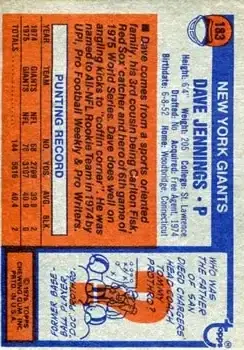 1976 Topps #183 - Dave Jennings - New York Giants - Back