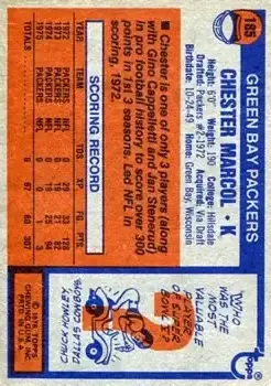 1976 Topps #185 - Chester Marcol - Green Bay Packers - Back 1976 Topps #185 - Chester Marcol - Green Bay Packers - Back