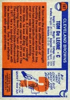 1976 Topps #187 - Tom DeLeone - Cleveland Browns - Back
