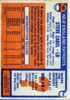 1976 Topps #188 - Steve Zabel - New England Patriots - Back