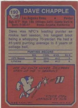 1973 Topps #190 - Dave Chapple - Los Angeles Rams - Back