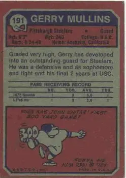 1973 Topps #191 - Gerry Mullins - Pittsburgh Steelers - Back