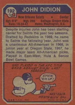 1973 Topps #192 - John Didion - New Orleans Saints - Back