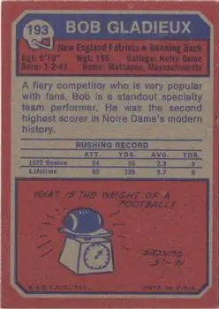 1973 Topps #193 - Bob Gladieux - New England Patriots - Back