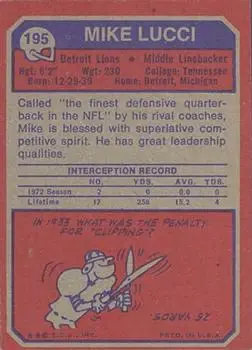 1973 Topps #195 - Mike Lucci - Detroit Lions