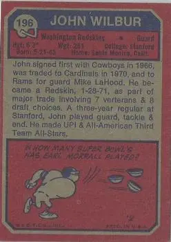 1973 Topps #196 - John Wilbur - Washington Redskins - Back