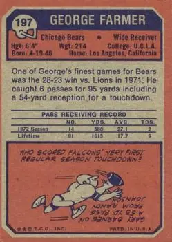 1973 Topps #197 - George Farmer - Chicago Bears - Back 1973 Topps #197 - George Farmer - Chicago Bears - Back