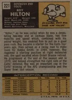 1971 Topps #221 - Roy Hilton - Baltimore Colts - Back