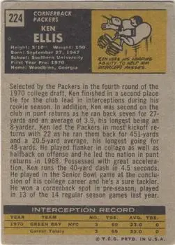 1971 Topps #224 - Ken Ellis - Green Bay Packers - Back