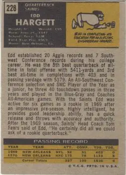 1971 Topps #226 - Edd Hargett - New Orleans Saints - Back