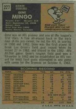 1971 Topps #227 - Gene Mingo - Pittsburgh Steelers - Back