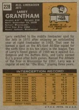 1971 Topps #228 - Larry Grantham - New York Jets - Back