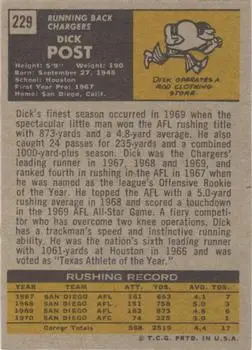 1971 Topps #229 - Dick Post - San Diego Chargers - Back