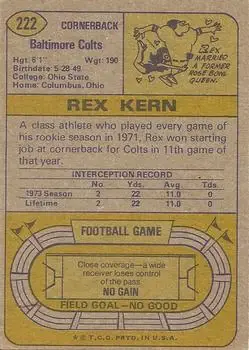 1974 Topps #222 - Rex Kern - Baltimore Colts - Back
