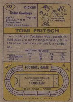 1974 Topps #223 - Toni Fritsch - Dallas Cowboys - Back