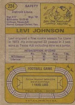 1974 Topps #224 - Levi Johnson - Detroit Lions - Back