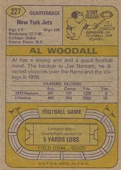 1974 Topps #227 - Al Woodall - New York Jets - Back 1974 Topps #227 - Al Woodall - New York Jets - Back