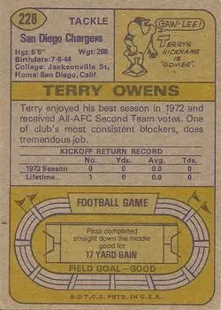 1974 Topps #228 - Terry Owens - San Diego Chargers - Back