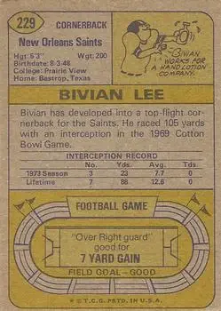 1974 Topps #229 - Bivian Lee - New Orleans Saints - Back