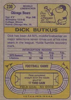 1974 Topps #230 - Dick Butkus - Chicago Bears - Back