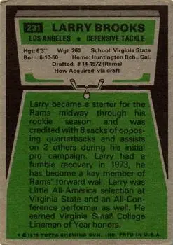 1975 Topps #231 - Larry Brooks - Los Angeles Rams - Back 1975 Topps #231 - Larry Brooks - Los Angeles Rams - Back