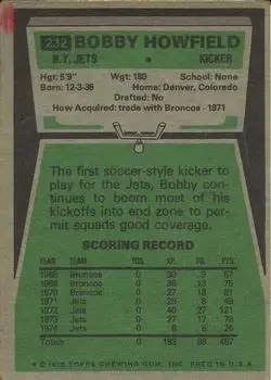 1975 Topps #232 - Bobby Howfield - New York Jets - Back