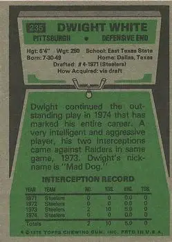 1975 Topps #235 - Dwight White - Pittsburgh Steelers - Back