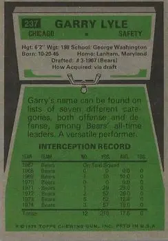1975 Topps #237 - Garry Lyle - Chicago Bears - Back 1975 Topps #237 - Garry Lyle - Chicago Bears - Back