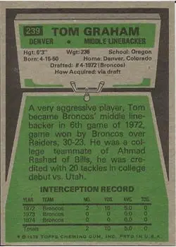 1975 Topps #239 - Tom Graham - Denver Broncos - Back