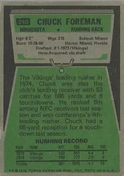 1975 Topps #240 - Chuck Foreman - Minnesota Vikings - Back 1975 Topps #240 - Chuck Foreman - Minnesota Vikings - Back