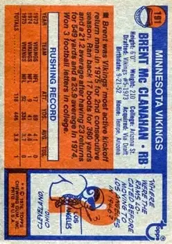1976 Topps #191 - Brent McClanahan - Minnesota Vikings - Back