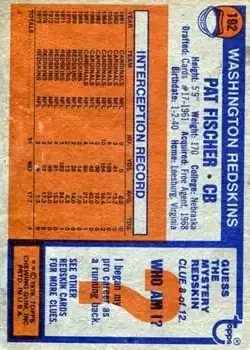 1976 Topps #192 - Pat Fischer - Washington Redskins - Back 1976 Topps #192 - Pat Fischer - Washington Redskins - Back