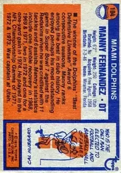 1976 Topps #194 - Manny Fernandez - Miami Dolphins - Back