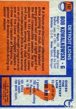 1976 Topps #197 - Bob Kowalkowski - Detroit Lions - Back