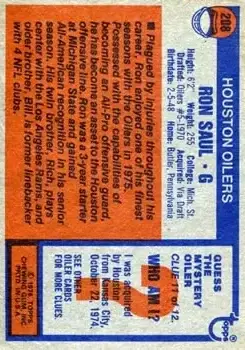 1976 Topps #208 - Ron Saul - Houston Oilers - Back