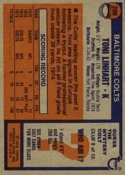 1976 Topps #209 - Toni Linhart - Baltimore Colts - Back