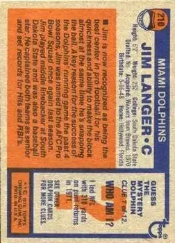 1976 Topps #210 - Jim Langer - Miami Dolphins - Back